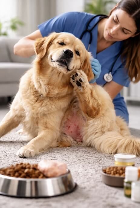 куче което се чеше и ветиринарен лекар жена